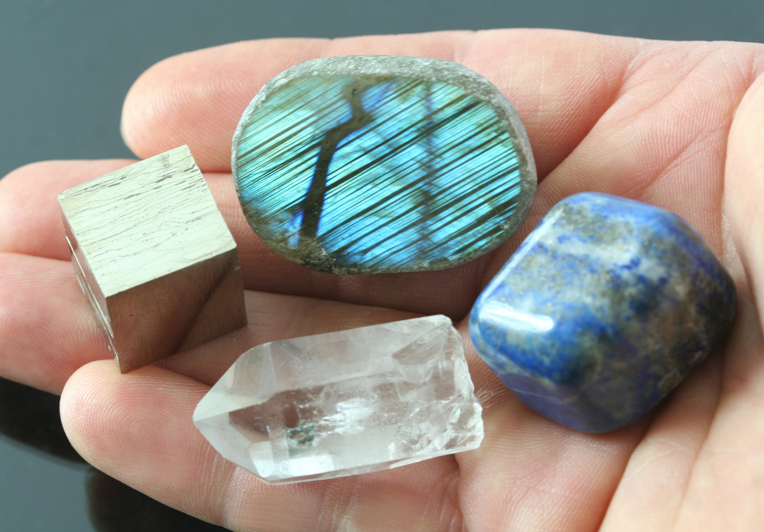 mineral specimen set: labradorite, pyrite, lapis lazuli, quartz crystal; meditation stones, spiritual gift 35 and under; boho hippie decor