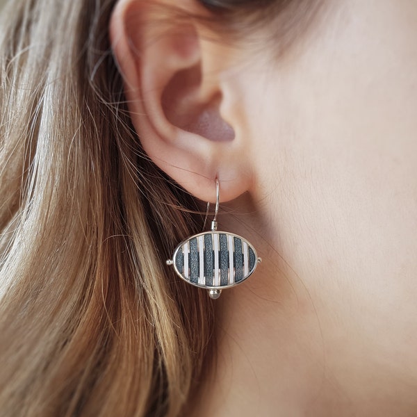 Modern silver enamel Earrings, Designer oval Moonstone earrings, Casual everyday sterling silver stripe earrings