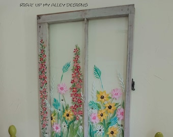 Window art, Painted window, Floral window art,Garden art, Vintage window, Window pane art, Farmhouse, Shabby chic decor, Entryway decor