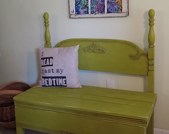 Headboard Bench, Green accent piece, Green Bench, Porch Bench, Chartreuse Bench, Storage bench, Entryway decor, Repurposed furniture, Boho