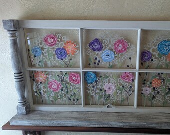 Vintage window art, Window shelf, window stencil, Old window art, Floral Window, Window wall art, Painted window, Rightupmyalleydesign