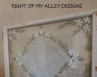 Painted window, Window pane art, White floral art, Damask stencil, Window wall art, Shabby chic window art, Shabby Chic, Distressed window
