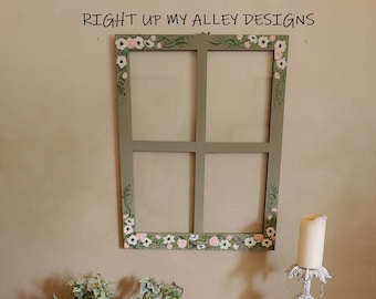 Painted window, Window pane art, Floral painted window, Peach and green window decor, Window wall art, Nursery idea, 4 pane window