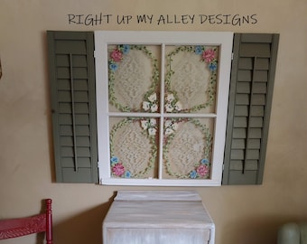 Vintage window art, Floral Window art, Painted windows, Shutter art, Old window art, Stencil window art, ,Window wall art, Blue accent art