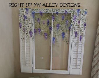 painted old window, window wall art, shabby chic decor, repurposed shutters ,Window art, Wisteria flowers, old window ideas, 2 pane