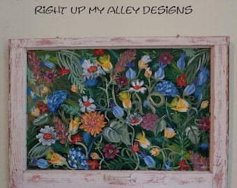 Painted window, Floral painted window, Window pane art, Painted old window, Window art ideas, Window wall art, Unique window art, Tropical