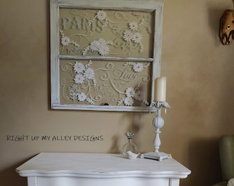 Painted old window,french stencil,french window design,window ideas,rightupmyalleydesigns,french decor,shabby chic decor,window pane art