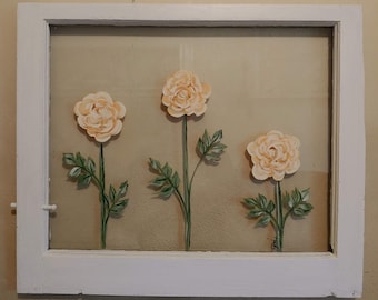 Painted window, Peach rose window art, Window art, Rose painted window, Window pane art, Painted old window, Window art ideas,Unique window