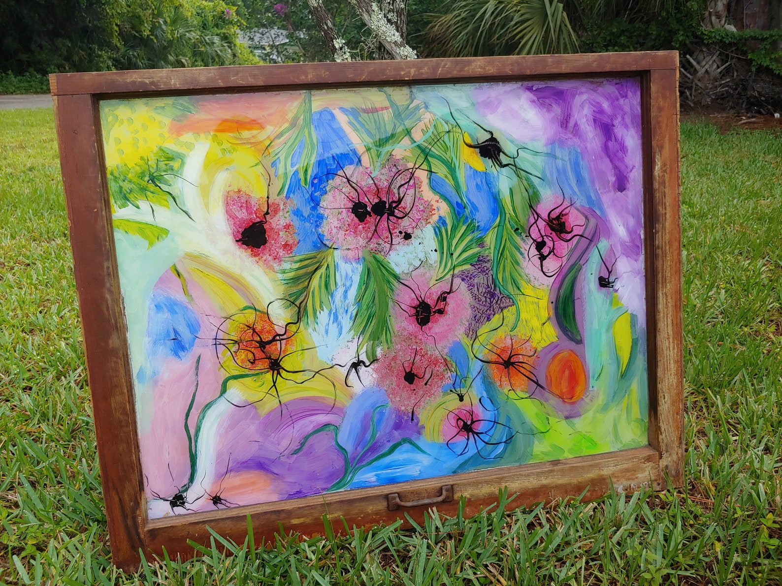 Painted Window, Window Pane Art, Bohemian Wall Decor, Window Wall Art ...