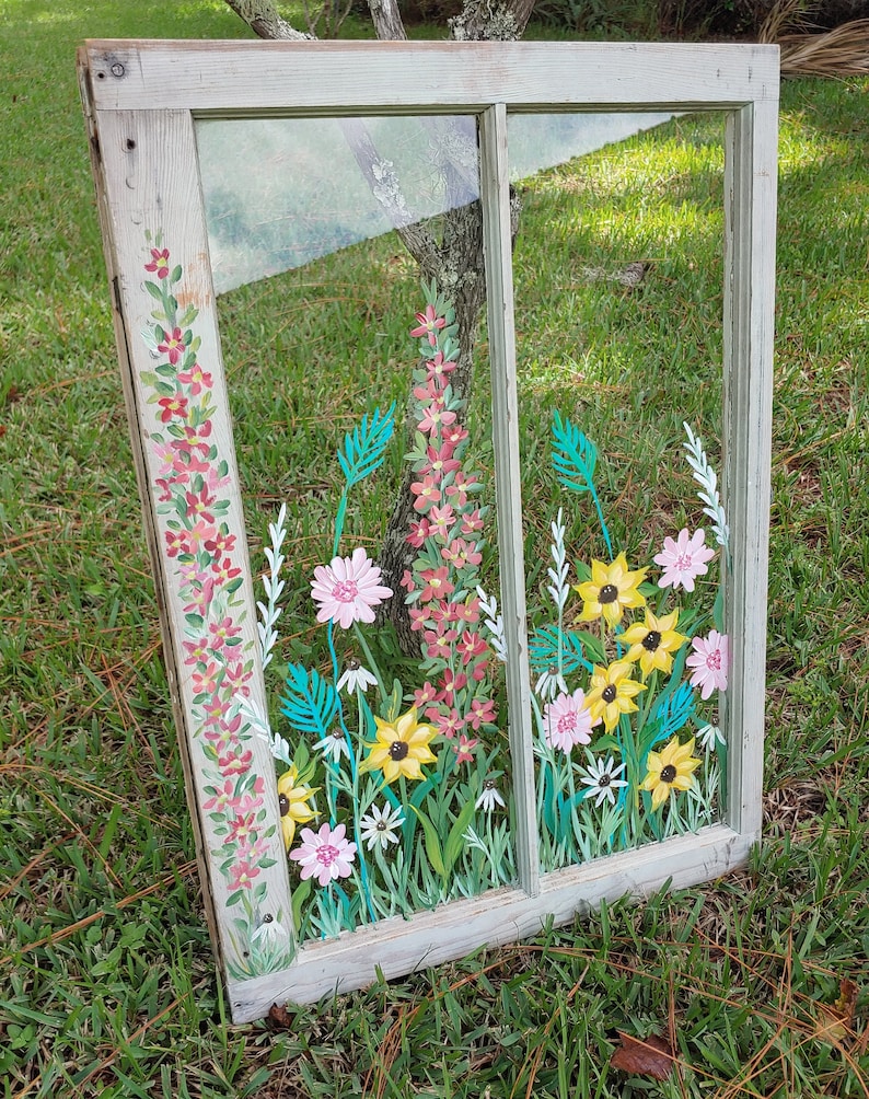 Window Art Painted Window Floral Window Artgarden Art Etsy