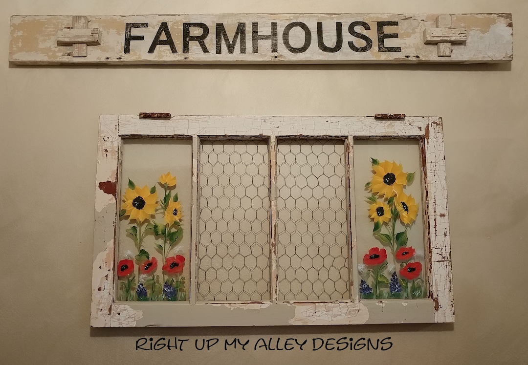 Old Painted Window,window Pane Art,floral Painted Window,sunflower ...