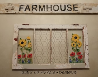 Old painted window,window pane art,floral painted window,sunflower poppy window,antique,window wall art,farmhouse decor,historic,upcycled