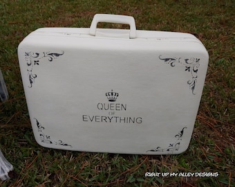 Vintage luggage,painted luggage,stenciled luggage,French stencils,Parisian decor,shabby chic decor,French decor,painted suitcase decor,white