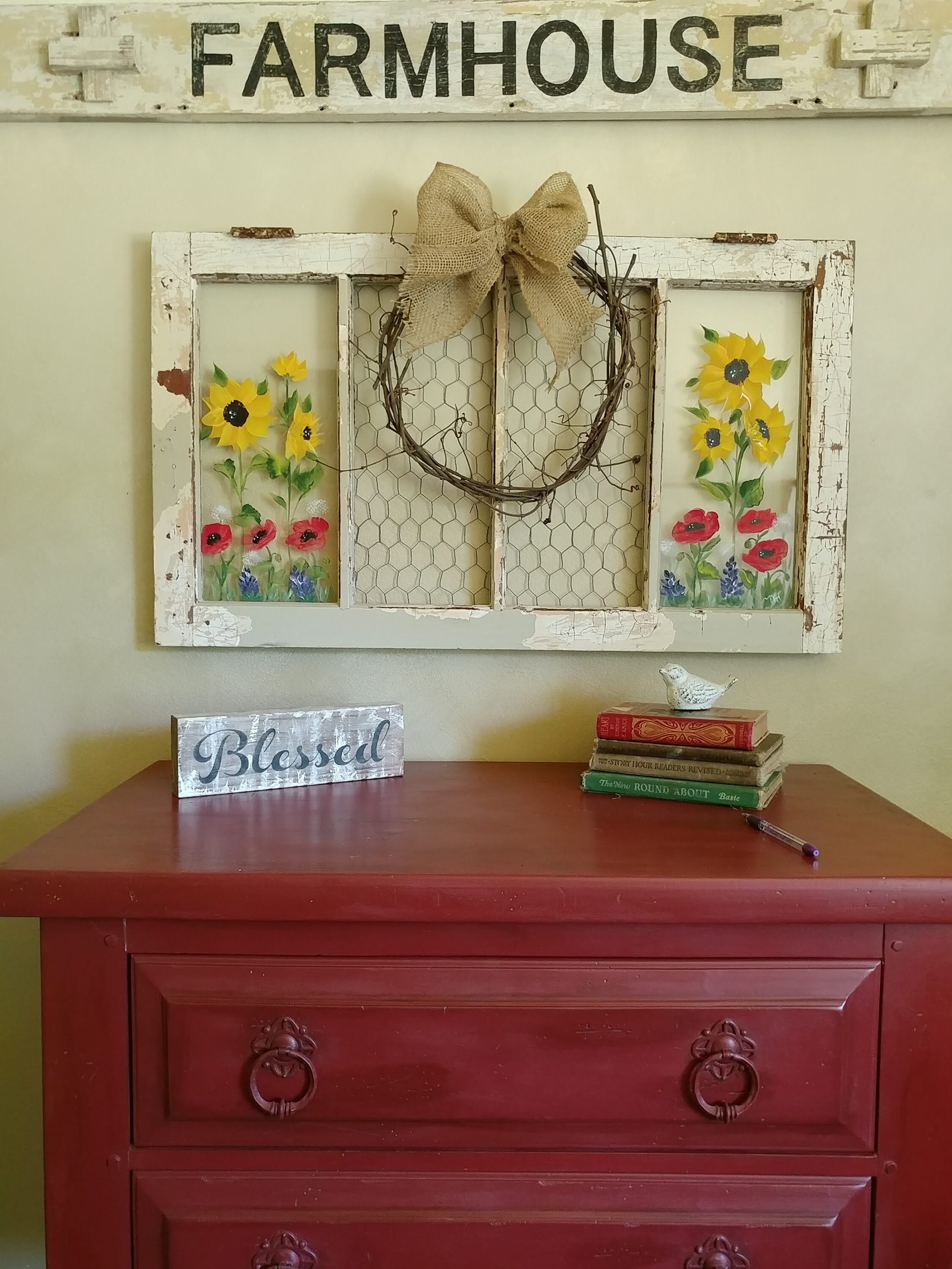 Old Painted Window,window Pane Art,floral Painted Window,sunflower