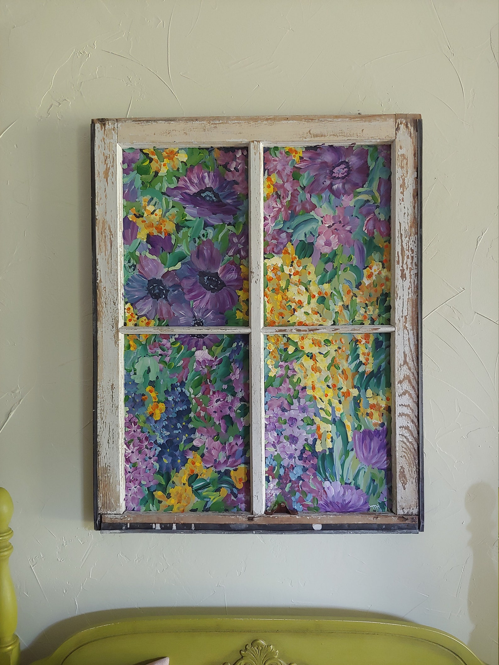 Vintage Window Art, Vintage Window Painting, Old Window Art, Stain ...