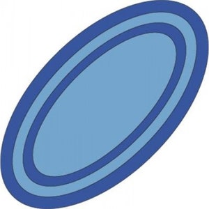 Può includere: Un design astratto con tre ovali concentrici in tonalità di blu. L'ovale più esterno è blu navy scuro, seguito da un blu medio, e quello più interno è azzurro. Il design è su sfondo bianco.