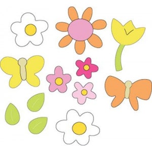 Può includere: Una collezione di illustrazioni colorate in stile cartone animato di fiori e farfalle. I disegni includono fiori bianchi, rosa e arancioni, un tulipano giallo, due farfalle e foglie verdi. Le illustrazioni hanno contorni neri e centri gialli.