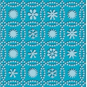 May include: A teal background featuring a repeating pattern of light blue snowflake, star, and flower shapes. The shapes are outlined with a dotted border. The design is a repeating pattern.