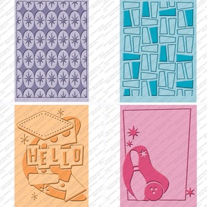 May include: Four colorful retro-style designs. Top left features a repeating pattern of ovals and stars in shades of purple. Top right has a blue geometric design. Bottom left says "HELLO" in orange. Bottom right has a pink bowling pin.