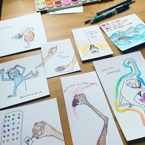 Een van een soort handgetekende originele kunst aquarel mini schilderij