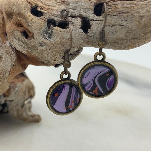 Small Dangle Earrings, Fluid Art Canvas Painting in Antique Bronze Round Setting, violet, purple, lavender, red