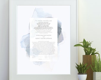 Ketubah marriage contract  (contemporary 6 in blues) text fill in available,  Reform, interfaith ketubah, I am my beloved's