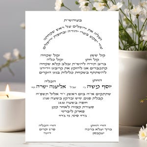 May include: A white rectangular wedding invitation card featuring black Hebrew text printed in a clean, centered layout. The card displays traditional wedding details, including names, dates, and event times, presented in a formal, minimalist style.