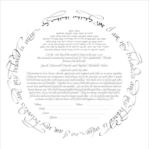 May include: A black and white wedding certificate with Hebrew text and a decorative border. The certificate includes the names Jacob Maxwell Davids and Rachel Michelle Weiss, the date June 15, 2018, and the location Fort Lauderdale, Florida.