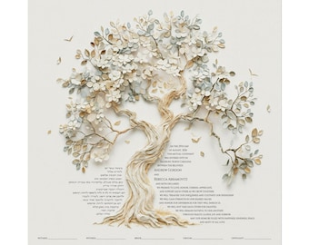 May include: A square wedding certificate featuring a central illustration of a tree with textured, cream and light blue leaves. The text includes the names Andrew Gordon and Rebecca Abramovitz, a date of August 29th, 2026, and vows in English and Hebrew.
