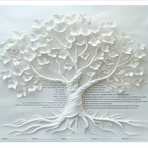 May include: A white paper-cut art piece featuring a central tree with layered branches and flowers. The text reads: On the 25th day of August 2027, the mutual covenant was entered into in Atlanta, Georgia, between the beloved Andrew Green and Kara Chandrey.