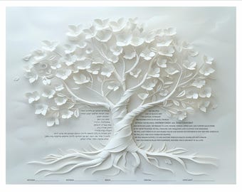 May include: A white paper-cut art piece featuring a central tree with layered branches and flowers. The text reads: On the 25th day of August 2027, the mutual covenant was entered into in Atlanta, Georgia, between the beloved Andrew Green and Kara Chandrey.