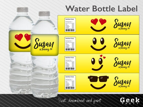 Emoji Inspired Style Water Bottle Label - Digital or Printed - Faces by Geek Party | Catch My Party