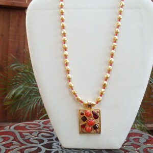 Pink & Orange Beads on Goldtone Setting with Pale Yellow Faux Pearls Gorgeous Handmade Necklace