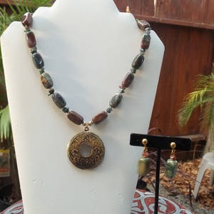 Red & Green Fancy Jasper Beaded Necklace and Clip On Earrings with Gold Tone Pendant