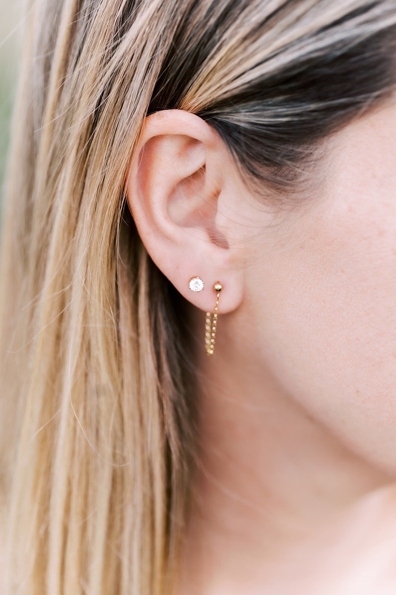 Dainty Chain Stud Earrings Gold Chain Studs Delicate 14k Etsy