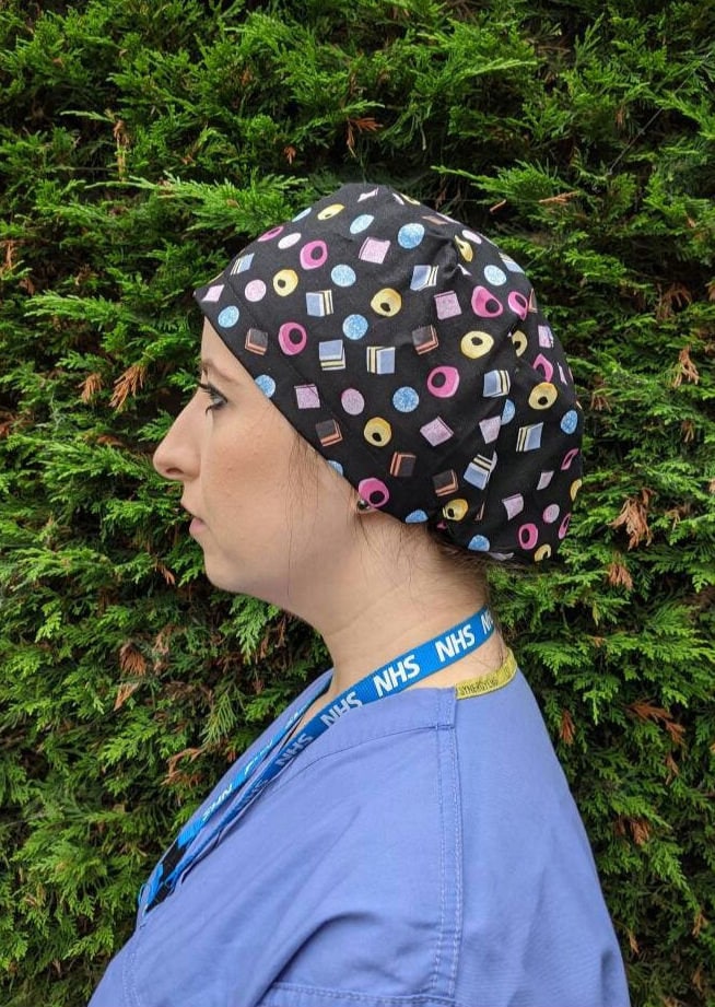 Theatre Scrub Hats Cotton Black Licorice Allsorts Sweets NHS UK