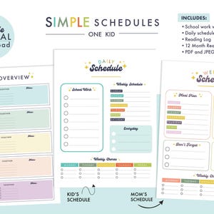 Puede incluir: Descarga digital de páginas de planificador imprimibles con el texto "SIMPLE SCHEDULES ONE KID". Incluye resumen semanal, horarios diarios y semanales, registro de lectura y un rastreador de lectura de 12 meses.