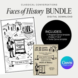 May include: A digital download bundle named "Faces of History" with Canva templates. The design features a black and white illustration of a medieval scene with a castle, ship, and a person blowing a horn. Includes program and invite templates.