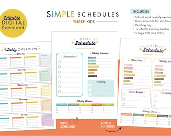 Editable Simple Homeschool Schedules (Three Kids)