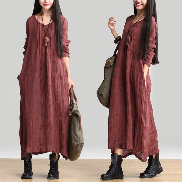 Brick red V-neck long-sleeved dress / casual linen fold  dress