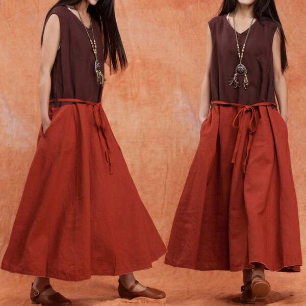 Comfort Linen Maxi Dress / V neck sleeveless linen dress spell color big waist lace dress