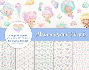 Mermaids and Friends Clipart and Digital Paper Bundle