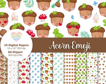 Acorn Emoji Clipart and Digital Paper Bundle