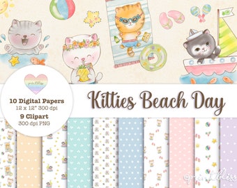 Kitties Beach Day Clipart and Digital Paper Bundle