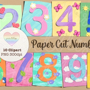 May include: Ten colourful paper cut-out numbers, 1 through 10, with different patterns and designs. Each number is on a separate square background with a different pattern. The numbers are in a row, with the text "Paper Cut Numbers" below them.