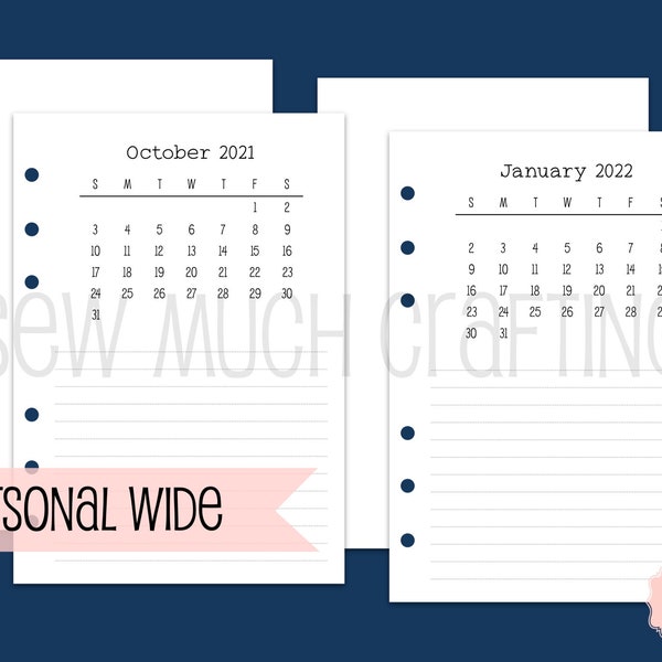 Printed Personal WIDE Monthly Overview Inserts