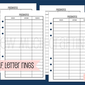 Printed Half Letter Size Password Inserts