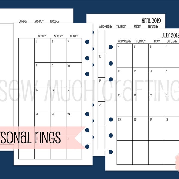 Printed Personal Size Month on Two Pages (SUNDAY-SATURDAY)