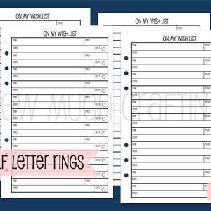 Printed Half Letter Size Wish List Inserts