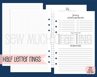 Printed Half Letter Size Month at a Glance Planning Inserts